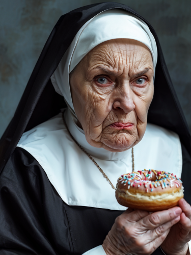 grumpy-nun-eating-donut-freewebnuaiart